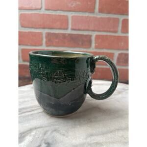 Studio Pottery Mug Green Sgraffito Handmade Stoneware Signed CR 12oz